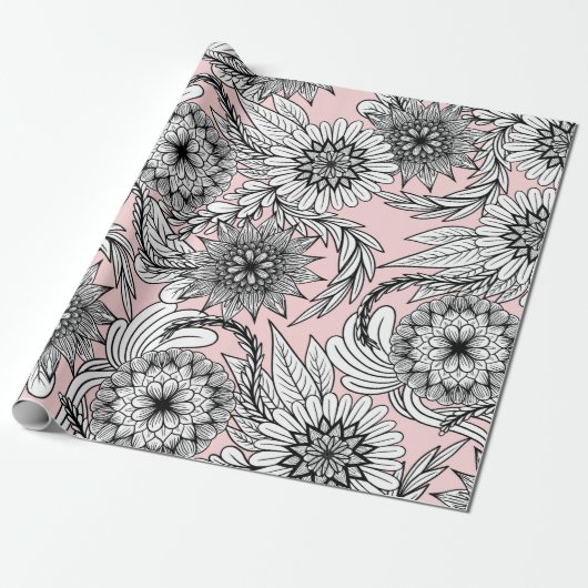 Girly Modern Pink White Floral Tekeningen Cadeaupapier (Uitgerold)
