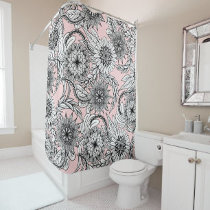 Girly Modern Pink White Floral Tekeningen Douchegordijn