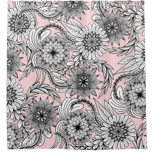 Girly Modern Pink White Floral Tekeningen Douchegordijn (Voorkant)