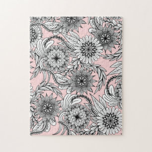 Girly Modern Pink White Floral Tekeningen Legpuzzel