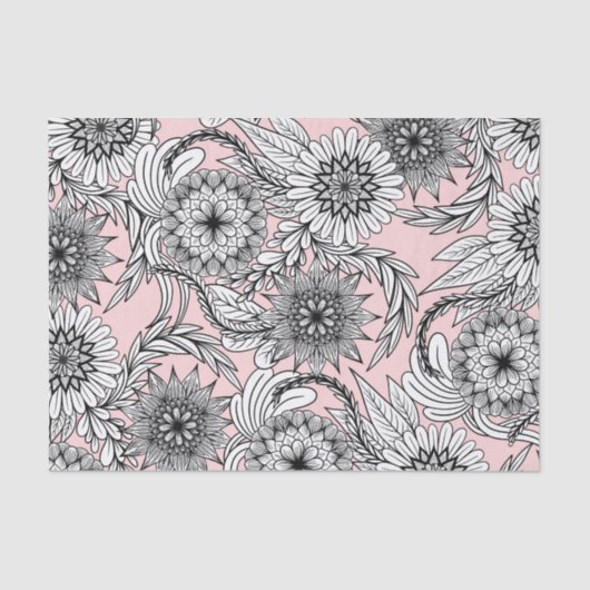 Girly Modern Pink White Floral Tekeningen Tissuepapier (Voorkant)
