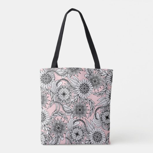 Girly Modern Pink White Floral Tekeningen Tote Bag (Achterkant)