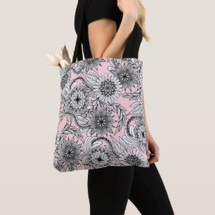 Girly Modern Pink White Floral Tekeningen Tote Bag