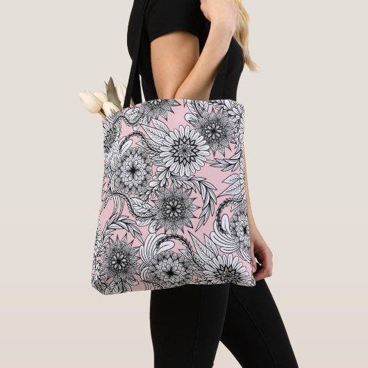 Girly Modern Pink White Floral Tekeningen Tote Bag (Dichtbij)