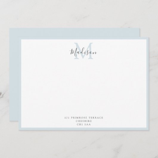 Girly Modern Powder Blue Monogrammed Note Notitiekaartje (Voorkant / Achterkant)