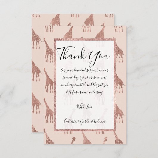 Girly Modern Roos Goud Blush Roze Giraffes Bedankkaart (Voorkant / Achterkant)