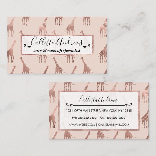 Girly Modern Roos Goud Blush Roze Giraffes Visitekaartje (Voorkant / Achterkant)