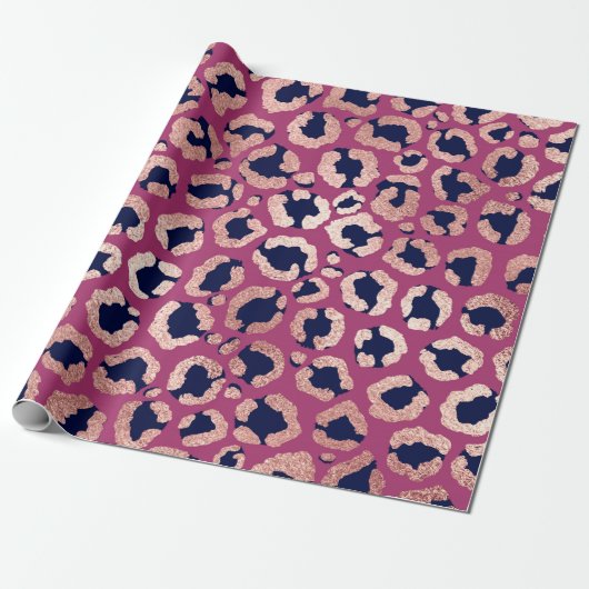 Girly Modern Roos Goud Navy Paarse Luipaard Print Cadeaupapier (Uitgerold)