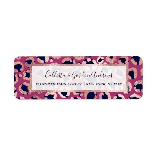 Girly Modern Roos Goud Navy Paarse Luipaard Print Etiket (Voorkant)