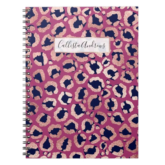 Girly Modern Roos Goud Navy Paarse Luipaard Print Notitieboek (Voorkant)