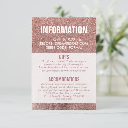 Girly Modern Roos Gouden Glitter Bruiloft Informat Informatiekaartje (Staand voorkant)