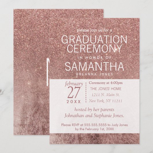 Girly Modern Roos Gouden Glitter Folie Afstuderen Kaart (Voorkant / Achterkant)