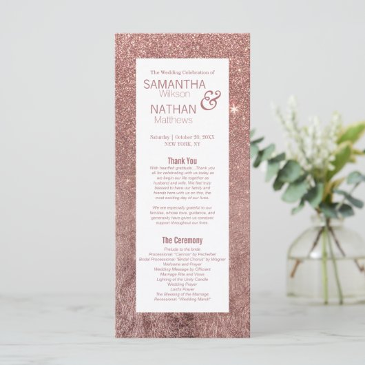Girly Modern Roos Gouden Glitter Trouwprogramma's Programmakaart (Staand voorkant)