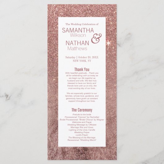 Girly Modern Roos Gouden Glitter Trouwprogramma's Programmakaart (Voorkant)