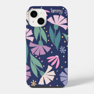 Girly Modern Roze Bloemen iPhone Case Navy blauw 14 Hoesje