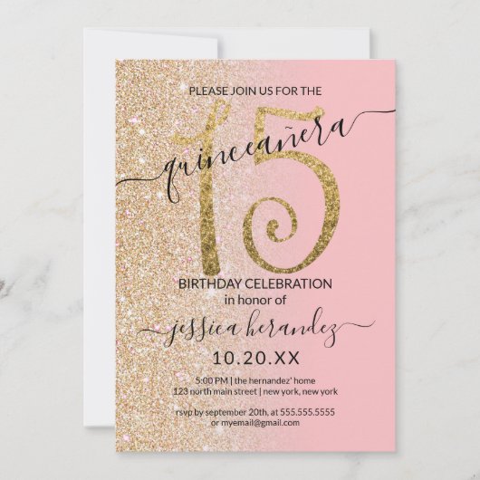 Girly Modern Roze Glitter Ombre Quinceañera Kaart (Voorkant)