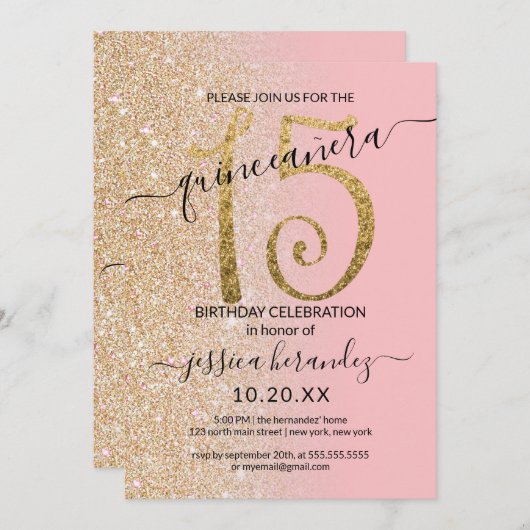 Girly Modern Roze Glitter Ombre Quinceañera Kaart (Voorkant / Achterkant)