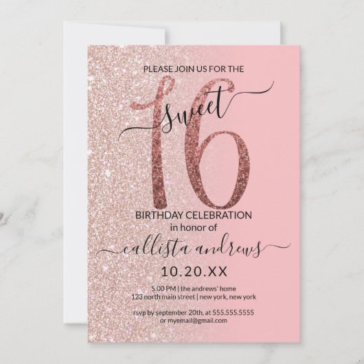 Girly Modern Roze Rose Goud Glitter Ombre Sweet 16 Kaart (Voorkant)