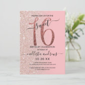 Girly Modern Roze Rose Goud Glitter Ombre Sweet 16 Kaart (Staand voorkant)