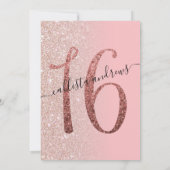 Girly Modern Roze Rose Goud Glitter Ombre Sweet 16 Kaart (Achterkant)