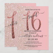 Girly Modern Roze Rose Goud Glitter Ombre Sweet 16 Kaart (Voorkant / Achterkant)