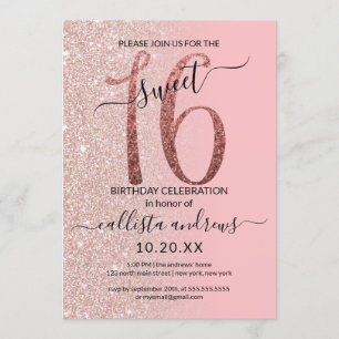 Girly Modern Roze Rose Goud Glitter Ombre Sweet 16 Kaart