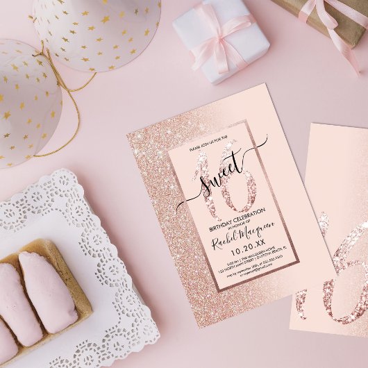 Girly Modern Roze Rose Goud Glitter Ombre Sweet 16 Kaart