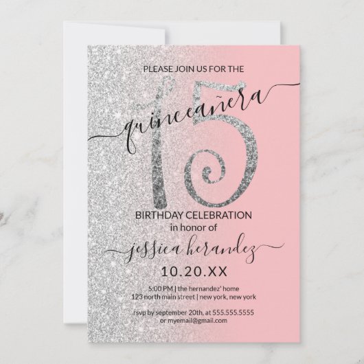 Girly Modern Roze Zilveren Glitter Ombre Quinceañe Kaart (Voorkant)