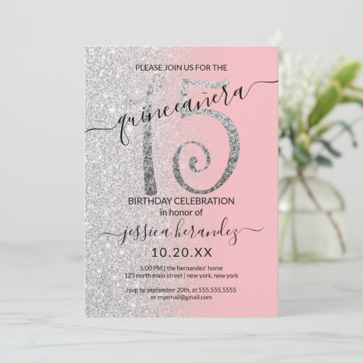 Girly Modern Roze Zilveren Glitter Ombre Quinceañe Kaart (Staand voorkant)