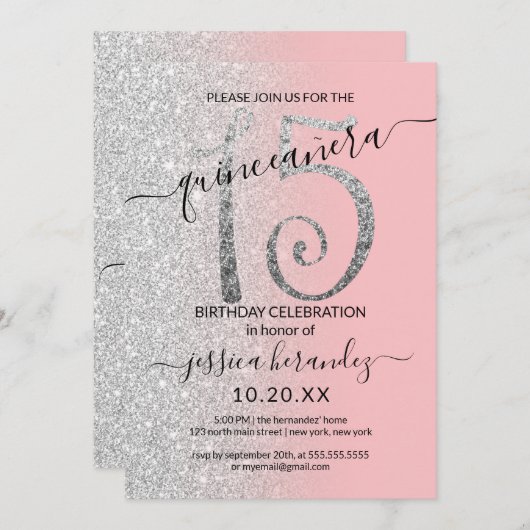 Girly Modern Roze Zilveren Glitter Ombre Quinceañe Kaart (Voorkant / Achterkant)