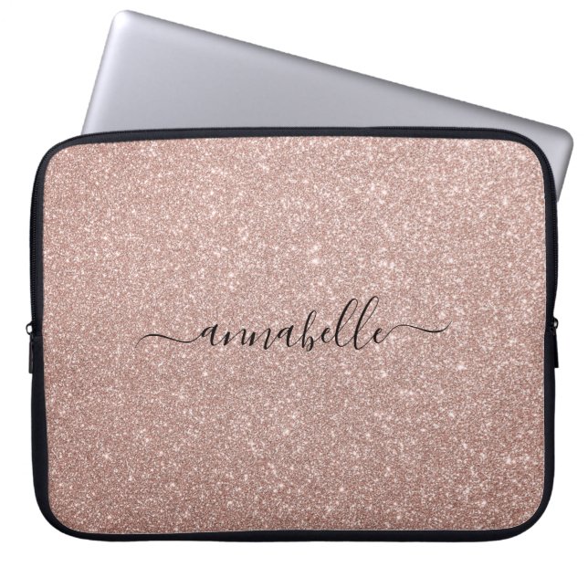 Girly Modern Script Pink Rose Gold Glitter Sparkle Laptop Sleeve (Voorkant)