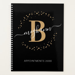 Girly Modern Zwart Goud Naam Script Monogram 2024 Planner