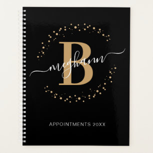 Girly Modern Zwart Goud Naam Script Monogram 2024 Planner