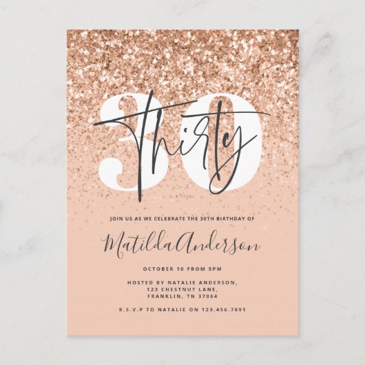 Girly moderne roze glitter typografie 30ste verjaa briefkaart (Voorkant)
