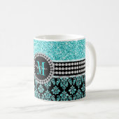 Girly Monogram Aqua Blue Glitter Damask Name Koffiemok (Voorkant rechts)