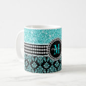 Girly Monogram Aqua Blue Glitter Damask Name Koffiemok (Voorkant links)