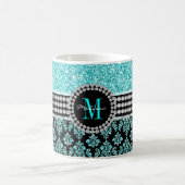 Girly Monogram Aqua Blue Glitter Damask Name Koffiemok (Center)