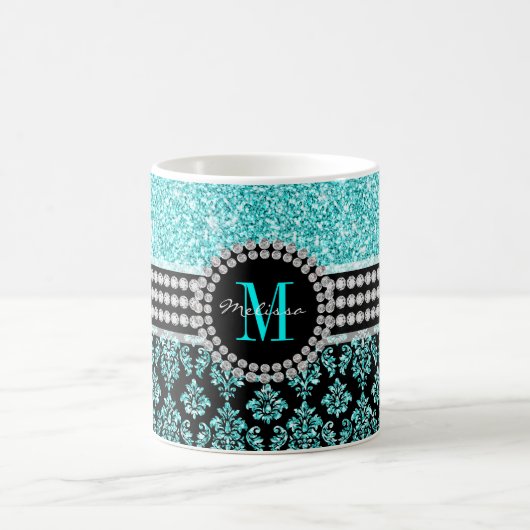 Girly Monogram Aqua Blue Glitter Damask Name Koffiemok (Center)