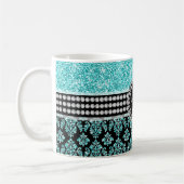 Girly Monogram Aqua Blue Glitter Damask Name Koffiemok (Links)