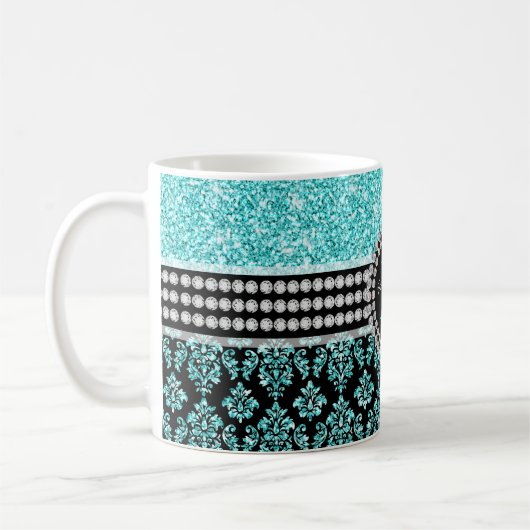 Girly Monogram Aqua Blue Glitter Damask Name Koffiemok (Links)