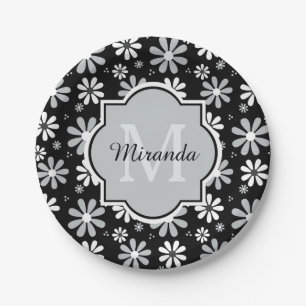 Girly Monogram Black White Daisy Flowers met naam Papieren Bordje
