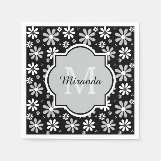 Girly Monogram Black White Daisy Flowers met naam Servetten (Voorkant)