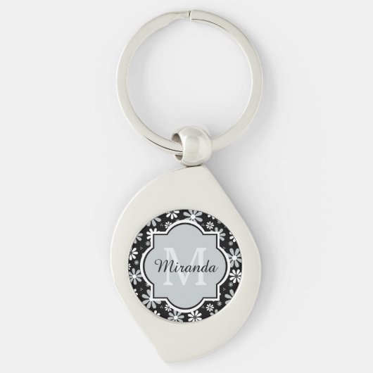 Girly Monogram Black White Daisy Flowers met naam Sleutelhanger (Voorkant)