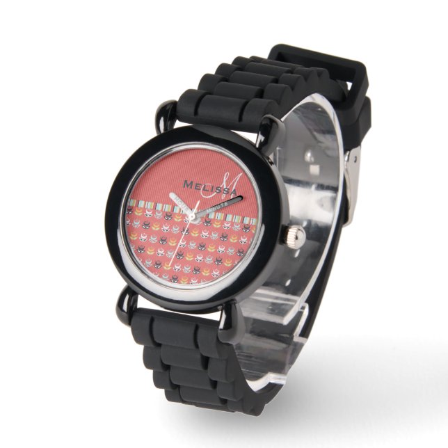 Girly Monogram Bloemen Patroon op Koraal Rood Horloge (Hoek)