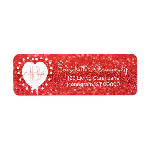 Girly Monogram Coral Glitter Bokeh Heart Etiket (Voorkant)