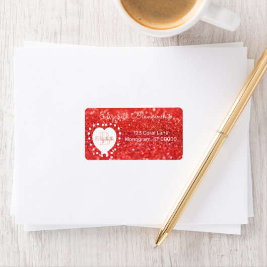 Girly Monogram Coral Glitter Bokeh Heart Stippen Etiket (Insitu)