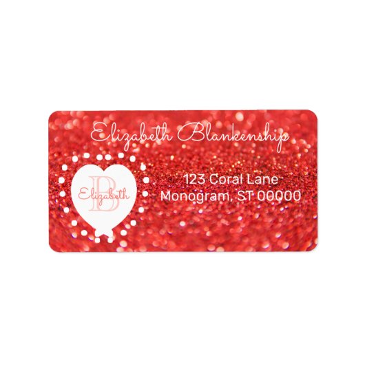 Girly Monogram Coral Glitter Bokeh Heart Stippen Etiket (Voorkant)