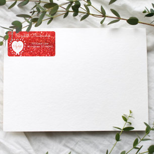 Girly Monogram Coral Glitter Bokeh Heart Stippen Etiket