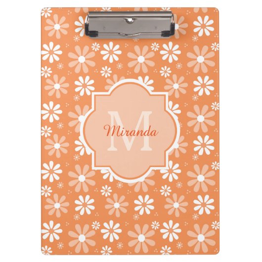 Girly Monogram Cute Oranje Daisy Flowers en Name Klembord (Voorkant)