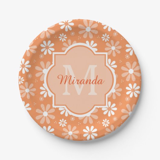 Girly Monogram Cute Oranje Daisy Flowers en Name Papieren Bordje (Voorkant)